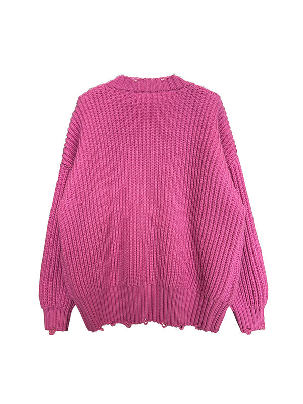 Long Sleeves Loose Hollow Solid Color V-Neck Pullovers Sweater Tops by migunica