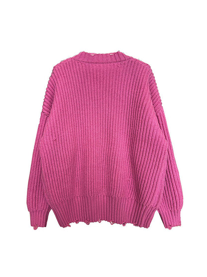 Long Sleeves Loose Hollow Solid Color V-Neck Pullovers Sweater Tops by migunica