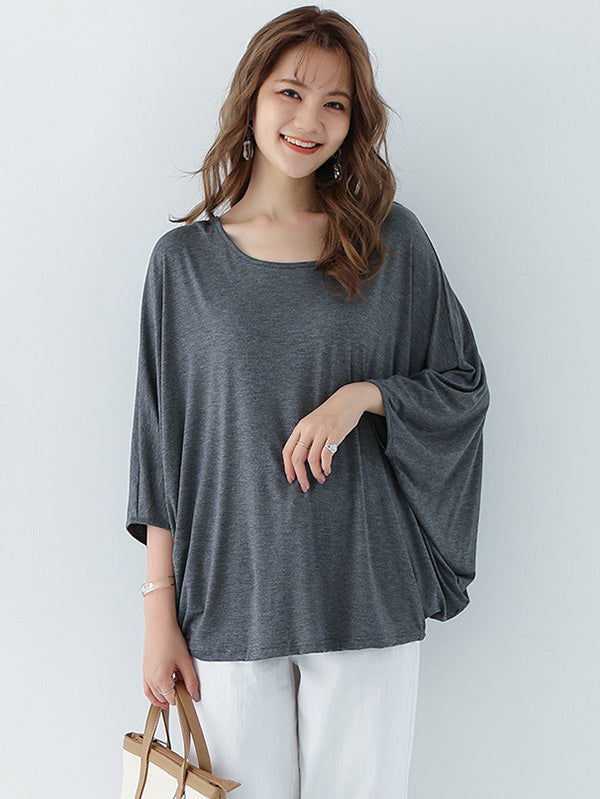 Vintage Loose Round-Neck Batwing Sleeves Shirts by migunica