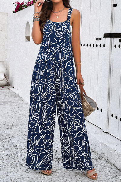 Printed Wide Strap Jumpsuit with Pockets by migunica