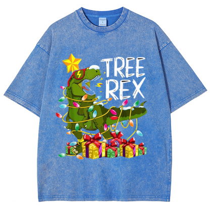 Tree Rex Unisex Oversized Print Vintage Wash Denim T-Shirt by migunica