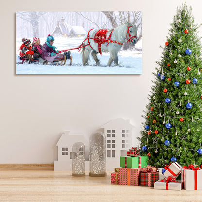 Framed Canvas Wall Art Decor Painting For Chrismas,  Kids on White Horse Sledge Painting For Chrismas Gift, Decoration For Chrismas Eve Office Living Room, Bedroom Decor-Ready To Hang