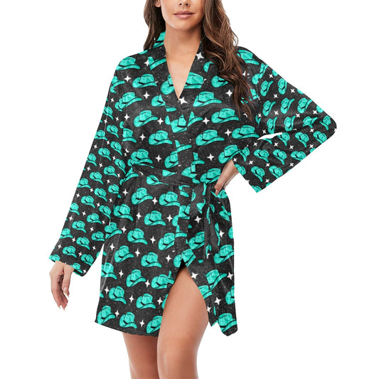 Turquoise cowgirl Hat Women's Belted Satin Feel Dressing Lounge Robe by Baha Ranch Western Wear