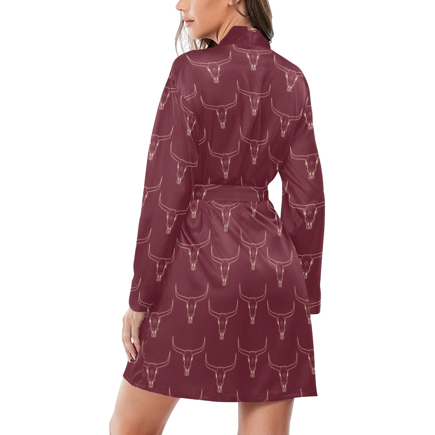 Burgandy Longhorn Women's Belted Satin Feel Dressing Lounge Robe by Baha Ranch Western Wear