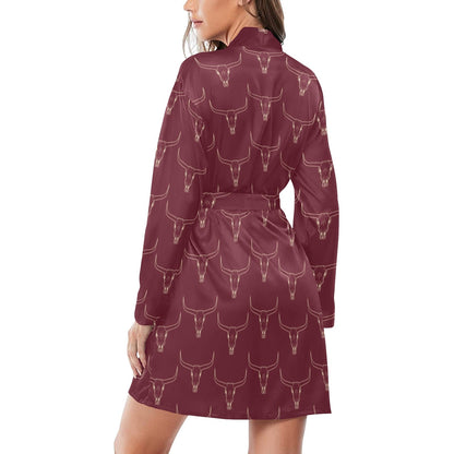 Burgandy Longhorn Women's Belted Satin Feel Dressing Lounge Robe by Baha Ranch Western Wear