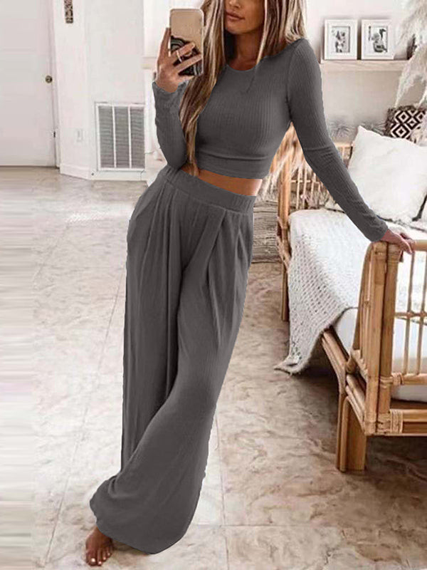 Plus Size Solid Color Round-Neck Long Sleeves Shirts Top + Pants Bottom Two Pieces Set by migunica