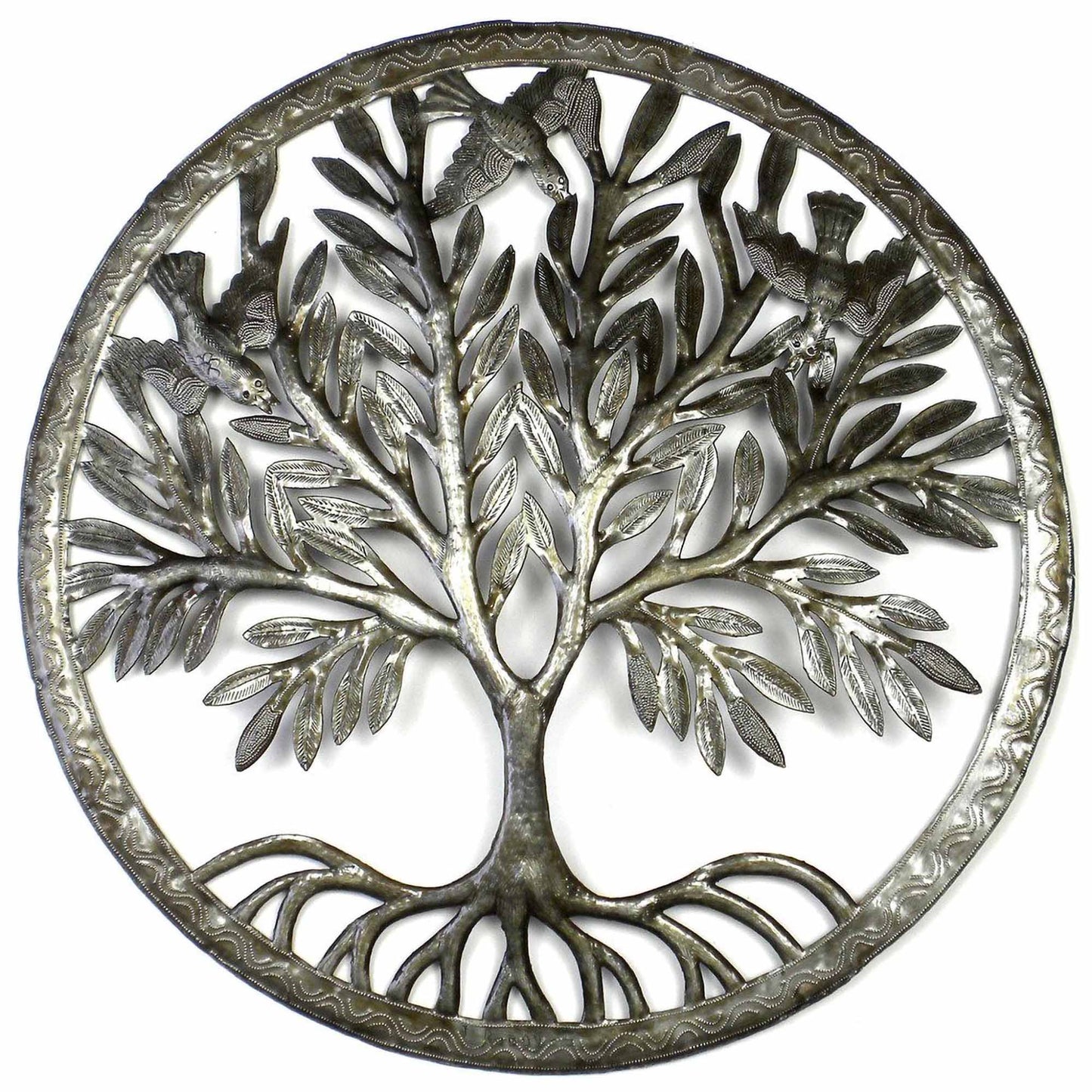 Rooted Tree of Life with Birds Ringed Haitian Metal Drum Wall Art, 23" by Global Crafts Wholesale