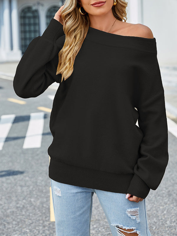 Long Sleeves Loose Solid Color Velvet Off-The-Shoulder Pullovers Sweater Tops by migunica