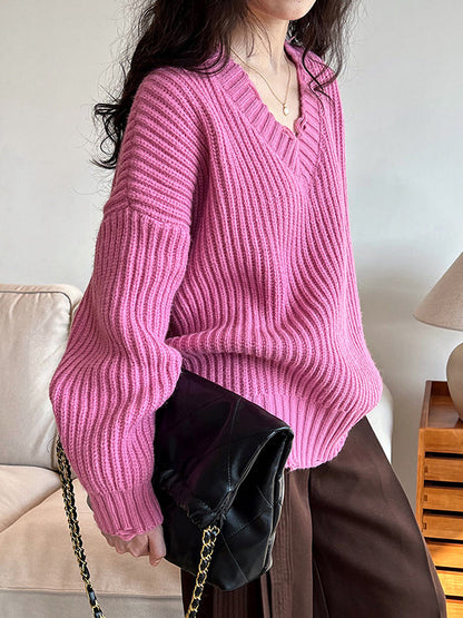 Long Sleeves Loose Hollow Solid Color V-Neck Pullovers Sweater Tops by migunica