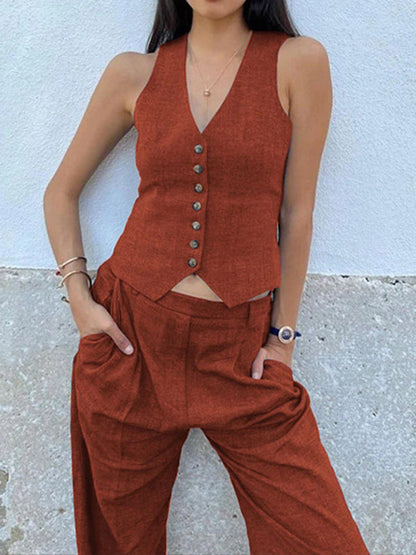 Solid Color  Sleeveless Buttoned Deep V-Neck Vest Top + Pleated Straight Leg Pants Bottom Two Pieces Set by migunica