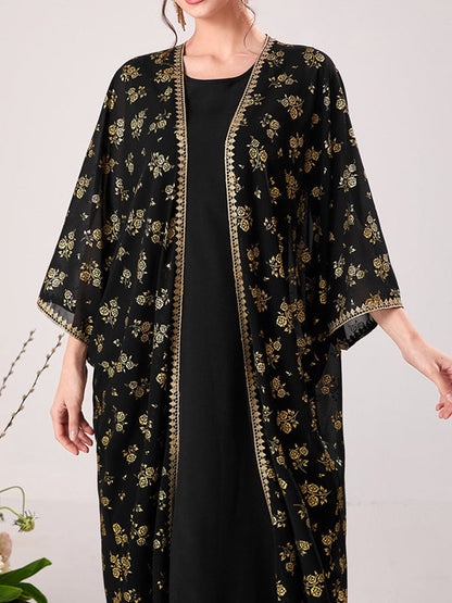 Muslim High Waisted Round-Neck Inner Dress + Flower Print Gauze Batwing Sleeves Outerwear Two Pieces Set by migunica