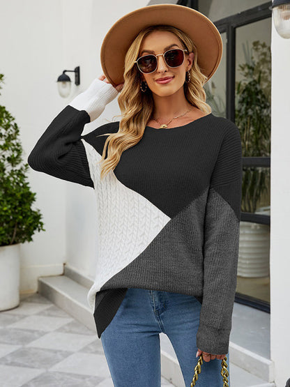 Casual Long Sleeves Loose Contrast Color Round-Neck Sweater Tops by migunica