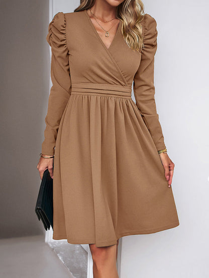 Puff Sleeves Skinny Pleated Solid Color Split-Joint V-Neck Midi Dresses by migunica