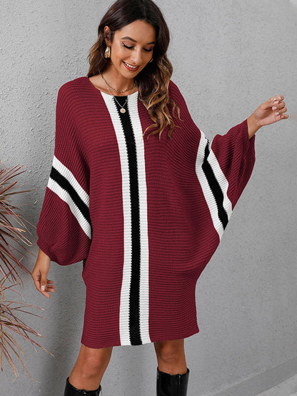 Original Loose 4 Colors Striped Round-Neck Batwing Long Sleeves Sweater Dress by migunica