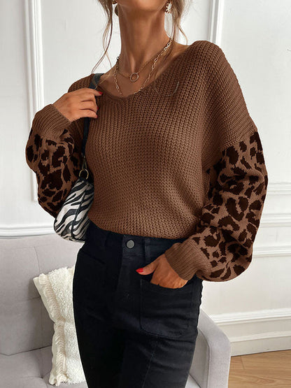 Loose Puff Sleeves Leopard Split-Joint V-Neck Sweater Tops by migunica