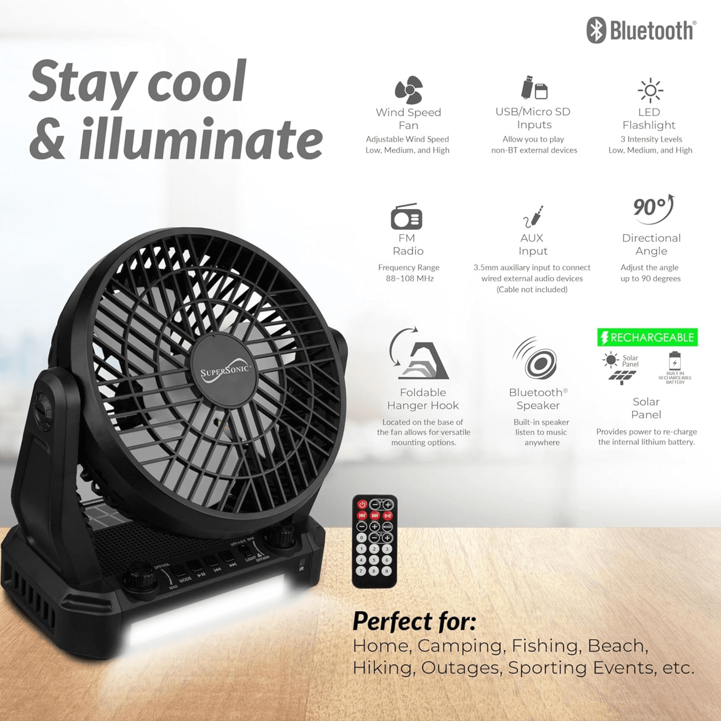 Supersonic Solar-Powered BT Speaker with FM Radio, LED Flashlight & Fan by Jupiter Gear Home