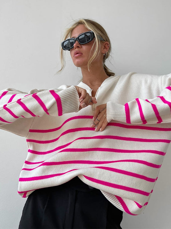 Urban Long Sleeves Loose Striped Round-Neck Sweater Tops by migunica