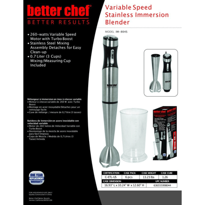 Better Chef 260W Variable Speed Stainless Steel Immersion Blender with Cup by Jupiter Gear Home