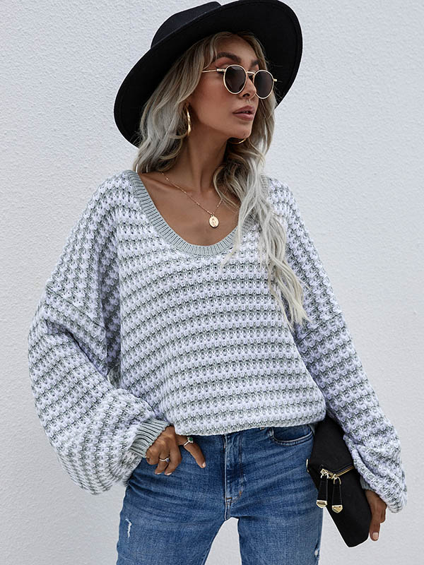 Original Loose Striped 8 Colors V-Neck Long Sleeves Sweater Top by migunica