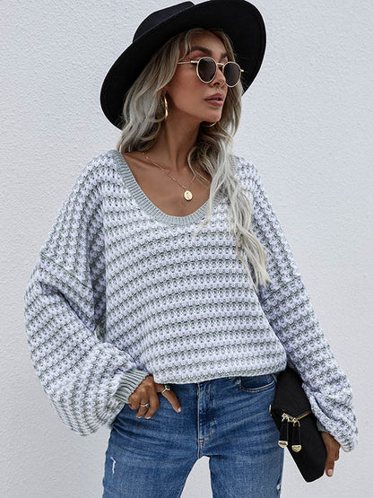 Original Loose Striped 8 Colors V-Neck Long Sleeves Sweater Top by migunica