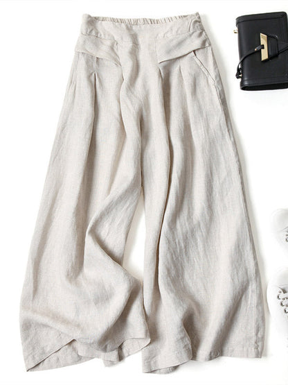 Solid Color Ramie Cotton Plus Size Loose Ninth Wide-Leg Pants by migunica