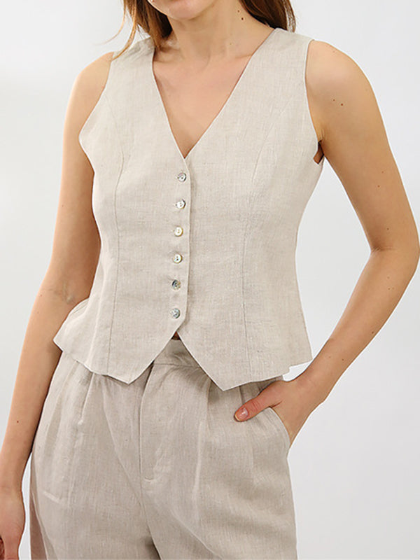 Solid Color  Sleeveless Buttoned Deep V-Neck Vest Top + Pleated Straight Leg Pants Bottom Two Pieces Set by migunica