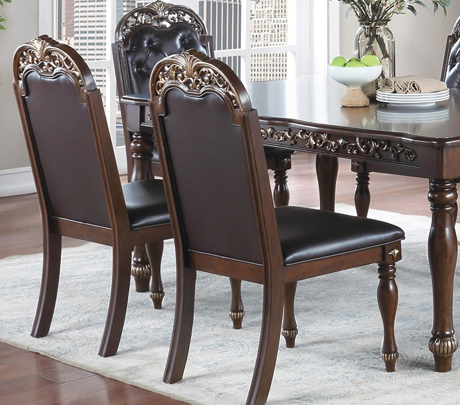 Majestic Formal Set of 2 Side Chairs Brown Finish Rubberwood Dining Room Furniture Intricate Design Cushion Upholstered Seat Tufted Back