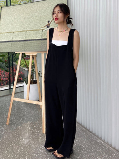 Original Creation Sleeveless Loose Solid Color Square-Neck Overalls by migunica