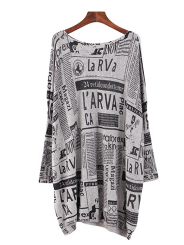 Vintage Loose One-Shoulder Newspaper Printed Split-Joint Sweater by migunica