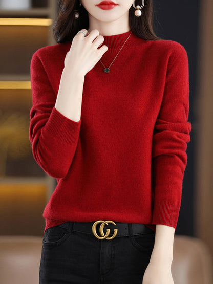 Office Long Sleeves Solid Color High-Neck Sweater Tops Pullovers by migunica