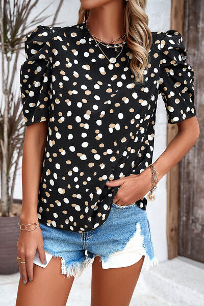 Tied Printed Puff Sleeve Blouse by migunica