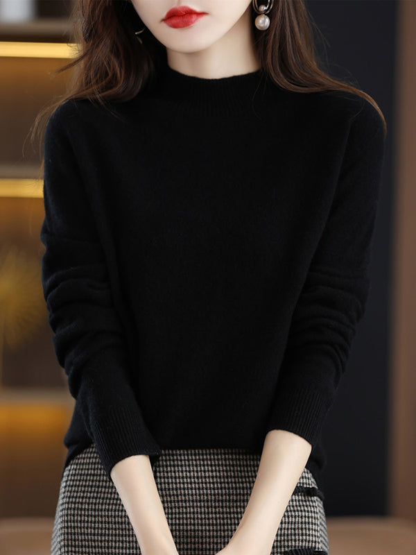 Office Long Sleeves Solid Color High-Neck Sweater Tops Pullovers by migunica