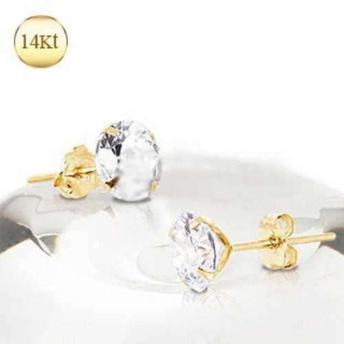 Pair of 14Kt Yellow Gold Clear Round CZ Stud Earrings by Fashion Hut Jewelry