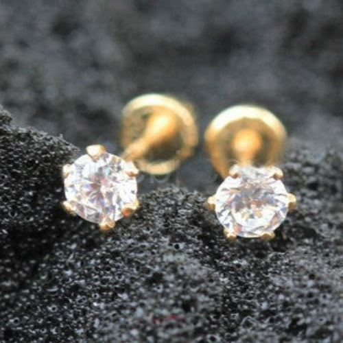 Pair of 14Kt. Yellow Gold Clear Round CZ Earring with Screw Back by Fashion Hut Jewelry