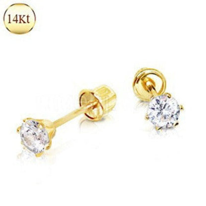 Pair of 14Kt. Yellow Gold Clear Round CZ Earring with Screw Back by Fashion Hut Jewelry