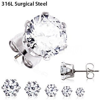 Pair of 316L Surgical Steel Clear Round CZ Stud Earrings by Fashion Hut Jewelry