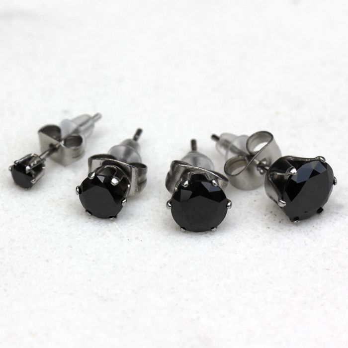 Pair of 316L Surgical Steel Black Round CZ Stud Earrings by Fashion Hut Jewelry