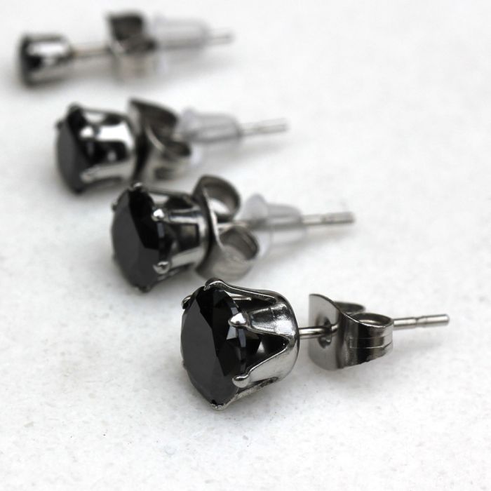 Pair of 316L Surgical Steel Black Round CZ Stud Earrings by Fashion Hut Jewelry