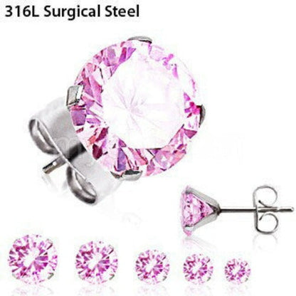 Pair of 316L Surgical Steel Pink Round CZ Stud Earrings by Fashion Hut Jewelry