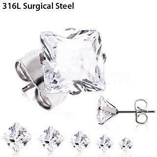 Pair of 316L Surgical Steel Clear Princess Cut CZ Stud Earrings by Fashion Hut Jewelry