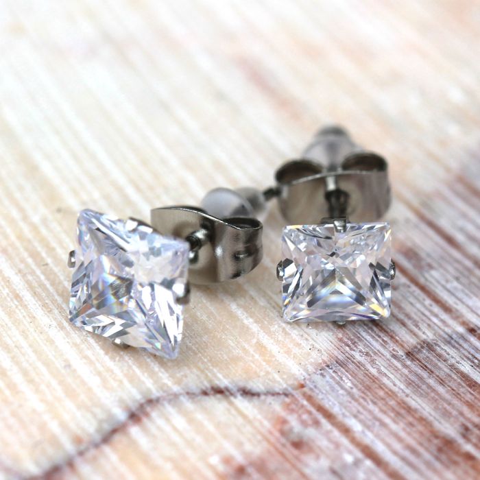 Pair of 316L Surgical Steel Clear Princess Cut CZ Stud Earrings by Fashion Hut Jewelry