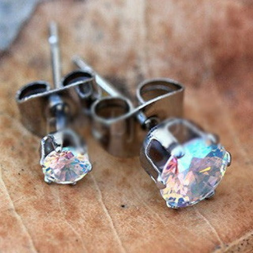 Pair of 316L Stainless Steel Aurora Borealis Round CZ Stud Earrings by Fashion Hut Jewelry