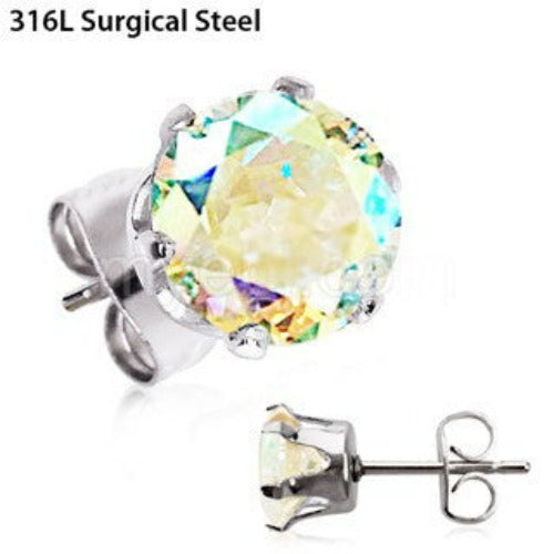 Pair of 316L Stainless Steel Aurora Borealis Round CZ Stud Earrings by Fashion Hut Jewelry