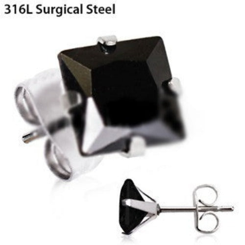 Pair of 316L Stainless Steel Black Princess Cut CZ Stud Earrings by Fashion Hut Jewelry