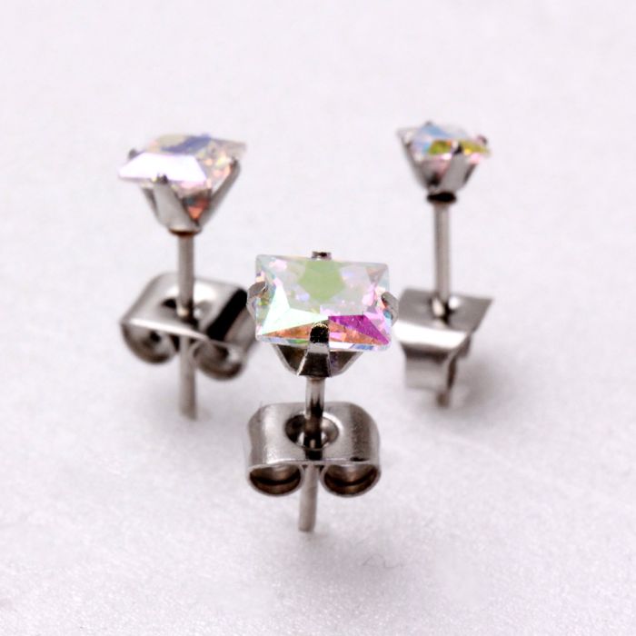 Pair of 316L Stainless Steel Aurora Borealis Princess Cut CZ Stud Earrings by Fashion Hut Jewelry