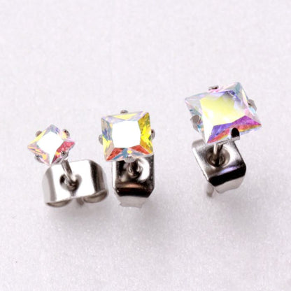 Pair of 316L Stainless Steel Aurora Borealis Princess Cut CZ Stud Earrings by Fashion Hut Jewelry