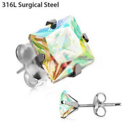 Pair of 316L Stainless Steel Aurora Borealis Princess Cut CZ Stud Earrings by Fashion Hut Jewelry