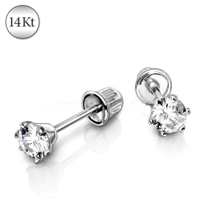 Pair of 14Kt. White Gold Round CZ Earring with Screw Back by Fashion Hut Jewelry