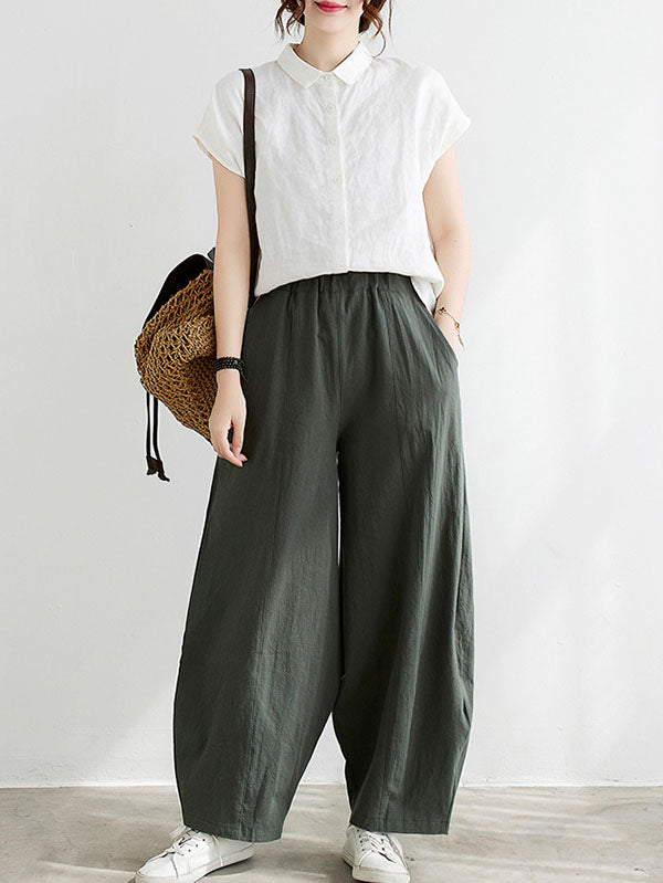 Wide Leg Loose Elasticity Solid Color Casual Pants Bottoms by migunica