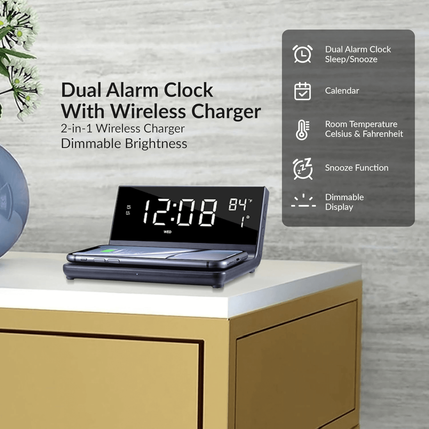 Supersonic Dual Alarm Clock with 2-in-1 Wireless Charger by Jupiter Gear Home